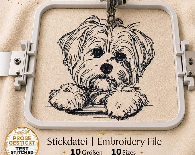 Maltese Embroidery File “Nala” | Realistic Dog Embroidery Design for Light Fabrics | 10 Sizes