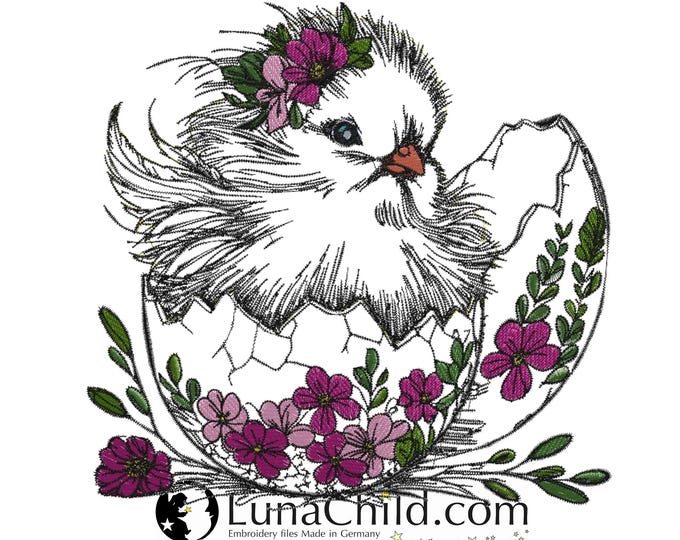 NEU Stickdatei Küken "Almut" kommerzielle Nutzung LunaChild Apli Ostern Osterei Blumen