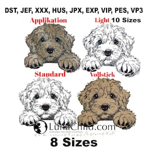 Puede incluir: Archivos de bordado digital que presentan cuatro diseños de cachorros diferentes en varios estilos, incluyendo 'Applikation', 'Light 10 Sizes', 'Standard' y 'Vollstick'. La imagen incluye el sitio web LunaChna.com y el texto '8 Sizes'.