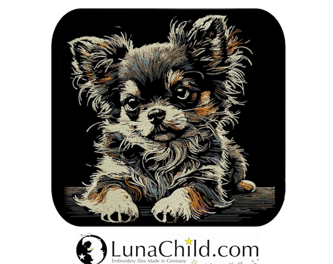 Stickdatei - AUFWENDIG - Chihuahua Welpe Langhaar "Cesar" - für dunkle Stoffe - LunaChild