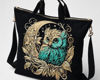 Owl in the Moon Embroidery Design “Eulalia” | Mystical Owl Embroidery Pattern for Dark Fabrics | 8 Sizes | 2 Versions