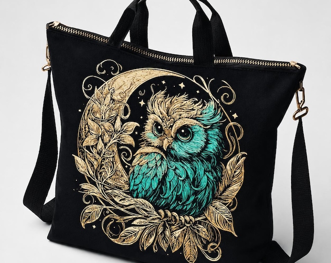 Owl in the Moon Embroidery Design “Eulalia” | Mystical Owl Embroidery Pattern for Dark Fabrics | 8 Sizes | 2 Versions