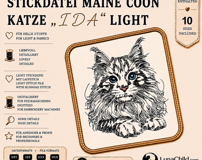 Stickmotiv Maine Coon Katze „Ida“ LIGHT –  10 Größen – LunaChild