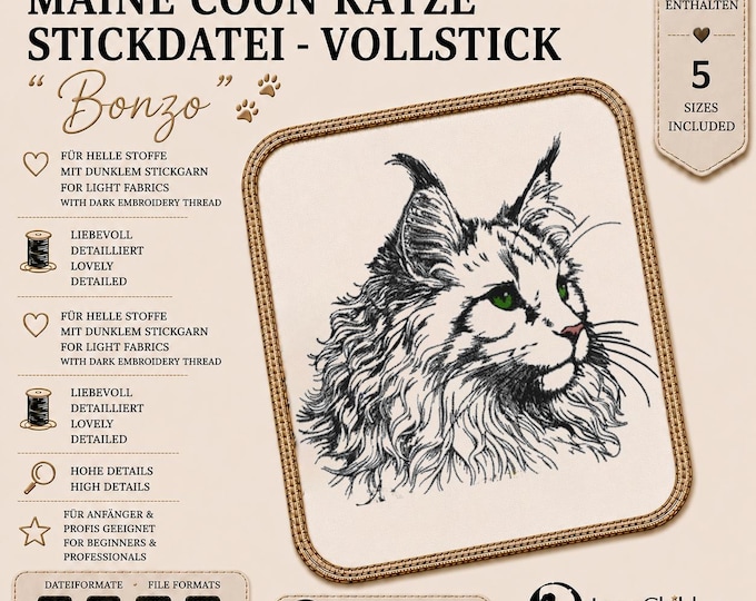 Stickdatei Maine Coon Katze „Bonzo“ – Maine Coon Embroidery Design – 5 Größen – LunaChild