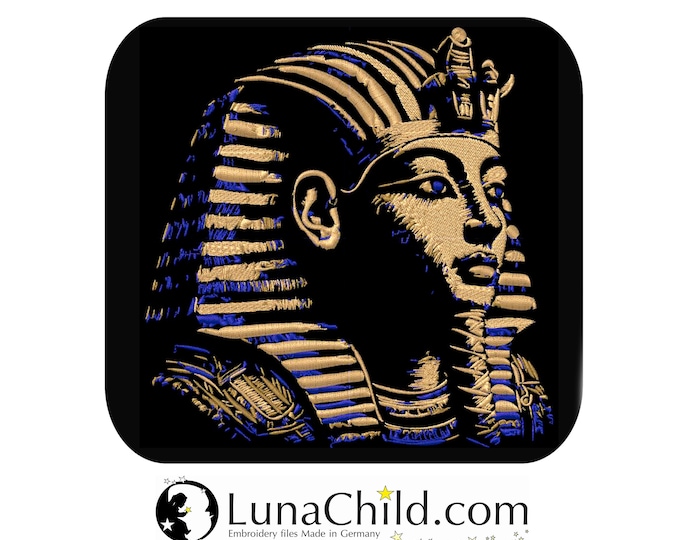 Embroidery file Tutankhamun gold blue realistic for dark fabrics commercial use LunaChild