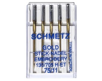 5 Gold Titanium Melt Embroidery Needles 130/705H - ET Size 75 / 11 Flat Shank