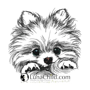 Könnte beinhalten: Schwarz-weiß-Zeichnung eines flauschigen Zwergspitz-Welpen mit großen, runden Augen. Der Welpe schaut direkt auf den Betrachter und hat seine Pfoten unter seinem Kinn versteckt. Das Bild ist eine digitale Stickdatei.