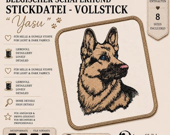 Stickdatei Vollstick Belgischer Schäferhund „Yasu“ – Belgian Shepherd Embroidery Design – 8 Größen – LunaChild