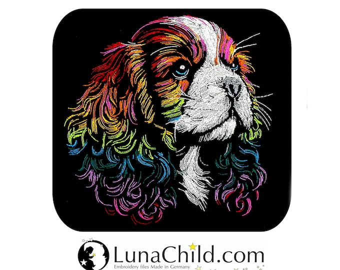 Embroidery file King Charles Cavalier Spaniel "Lulu" dog realistic colorful commercial use LunaChild for dark fabrics