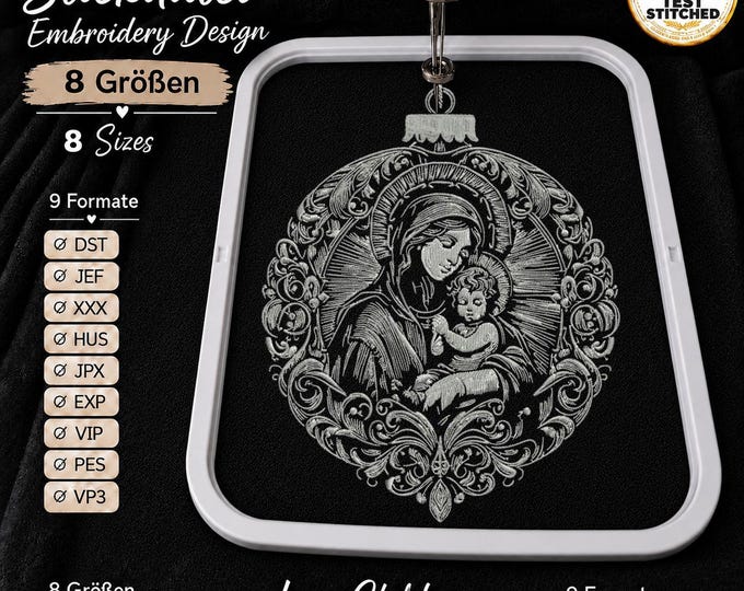 Madonna & Child Embroidery File | Mary with Baby Jesus Christian Design for Dark Fabrics | 8 Sizes