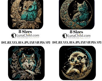 Embroidery design set: Owl, Wolf, Cat, Meerkat on the Moon – Intricate & detailed – for dark fabrics – 8 sizes – LunaChild