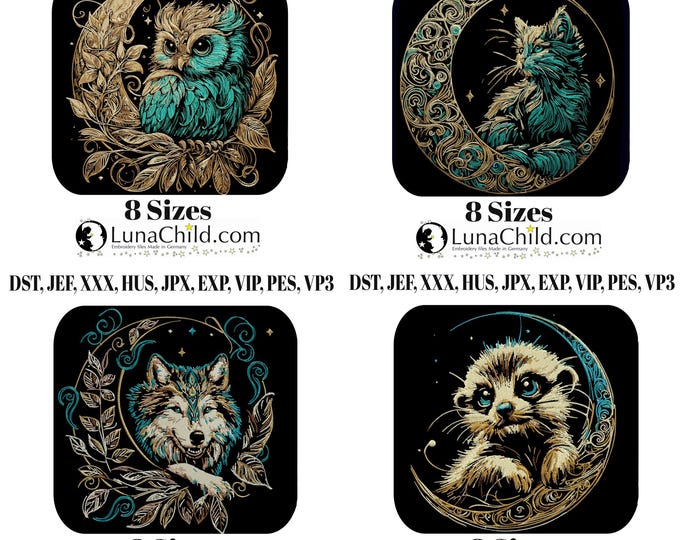 Stickdatei Set Eule, Wolf, Katze, Erdmännchen im Mond – Aufwendig & detailreich – für dunkle Stoffe – 8 Größen – LunaChild