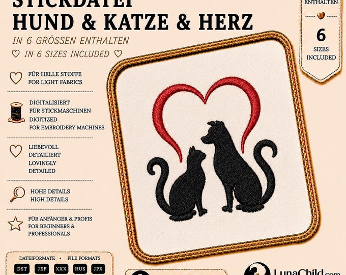 Pet Heart Embroidery Design • Dog Cat Silhouette Embroidery Pattern • Animal Lover Machine Embroidery File • 6 Sizes • LunaChild