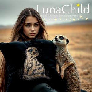 May include: A black square pillow featuring an embroidered meerkat design in shades of tan and brown. The text LunaChild and handmade in Germany and embroidery files is printed in white at the top with small yellow stars scattered nearby.