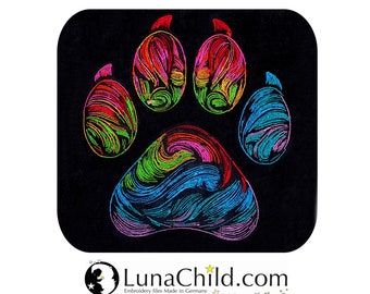 Embroidery file paw cat dog "Kessy" realistic colorful commercial use LunaChild for dark fabrics