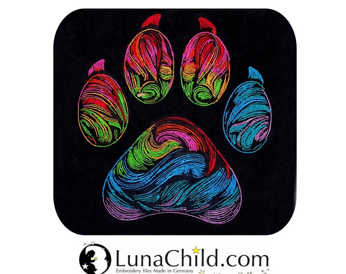 Embroidery file paw cat dog "Kessy" realistic colorful commercial use LunaChild for dark fabrics