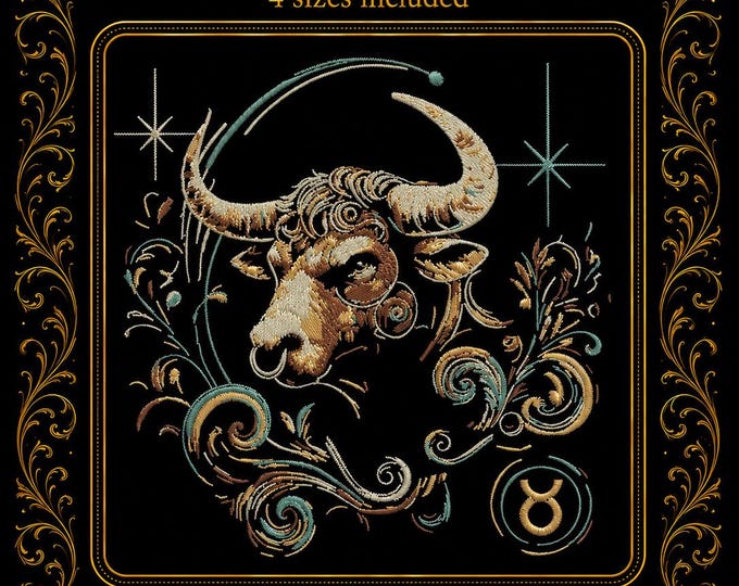 Taurus Embroidery Design • Zodiac Sign Embroidery File • Astrology Machine Embroidery Pattern • Dark Fabric Design