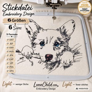 Corgi Embroidery Design “Taki” | LIGHT Dog Embroidery with Fewer Stitches for Light Fabrics | 6 Sizes | 2 Versions