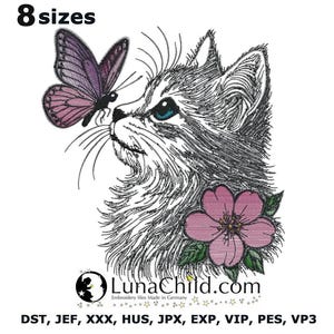 May include: An embroidered design of a cat's head with a butterfly and a pink flower. The cat has blue eyes and detailed fur. The text "8 sizes" is at the top, and "LunaChild.com" is at the bottom.