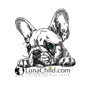 May include: Black and white line drawing of a French Bulldog with blue eyes. The dog is resting its head on a surface, with the text "LunaChild.com" and "Embroidery files Made in Germany" below the dog.