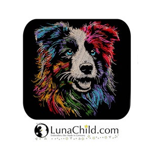 Könnte beinhalten: Bunt bestickte Design eines Border Collie Hundekopfes mit blauen Augen. Das Design ist auf schwarzem Hintergrund und zeigt eine Vielzahl von Farben, darunter Rot, Gelb, Grün, Blau und Lila.