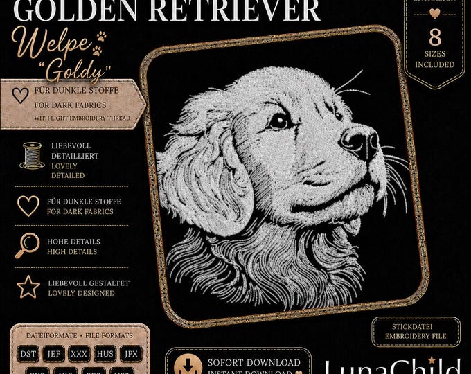 Golden Retriever Puppy Embroidery Design – 8 Sizes – LunaChild