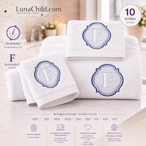 Embossed Embroidery File Letter „F“ • Monogram Towel Design • Bath Font 10 Sizes • LunaChild
