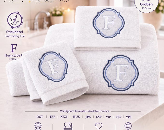 Embossed Embroidery File Letter „F“ • Monogram Towel Design • Bath Font 10 Sizes • LunaChild