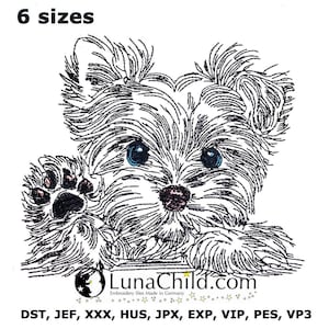 Könnte beinhalten: Schwarz-weißes Linienkunst-Stickmuster eines Yorkshire-Terrier-Welpen mit blauen Augen, der den Betrachter mit erhobenem Pfote ansieht. Das Design ist in sechs Größen erhältlich und enthält den Text "LunaChild.com" und "Stickdateien Made in Germany".