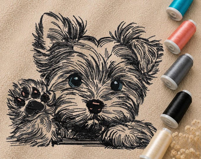 Yorkshire Terrier embroidery file “Benny” | realistic Yorkie dog embroidery design for light fabrics | 5 sizes