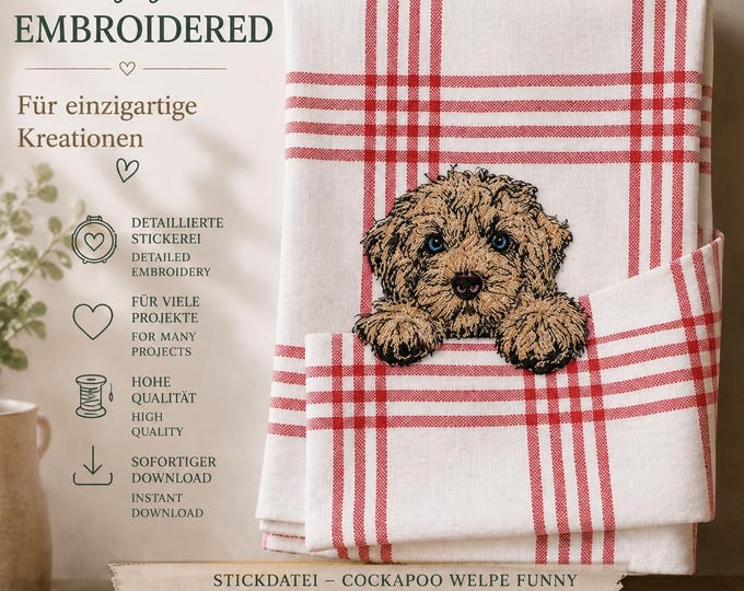 ITH Cockapoo Puppy Embroidery File "Funny" • Dog Towel Corner Design • In The Hoop Full Fill Embroidery • 3 Sizes • LunaChild