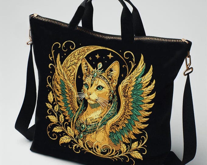 Stickmuster Sphinx Katze im Mond "Nubis" – Für dunkle Stoffe – 8 Größen – LunaChild Design