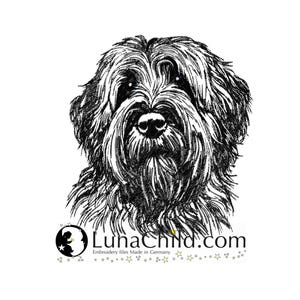 Puede incluir: Ilustración en blanco y negro de un Bouvier des Flandres. El perro está mirando directamente al espectador. La imagen es una descarga digital para bordado.