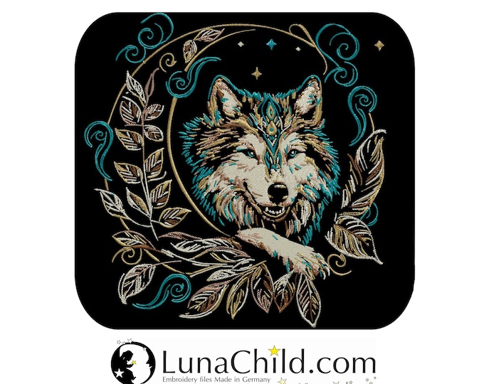 Stickdatei Wolf im Mond "Faolan" – Aufwendig & detailreich – Für dunkle Stoffe – 8 Größen – LunaChild Design