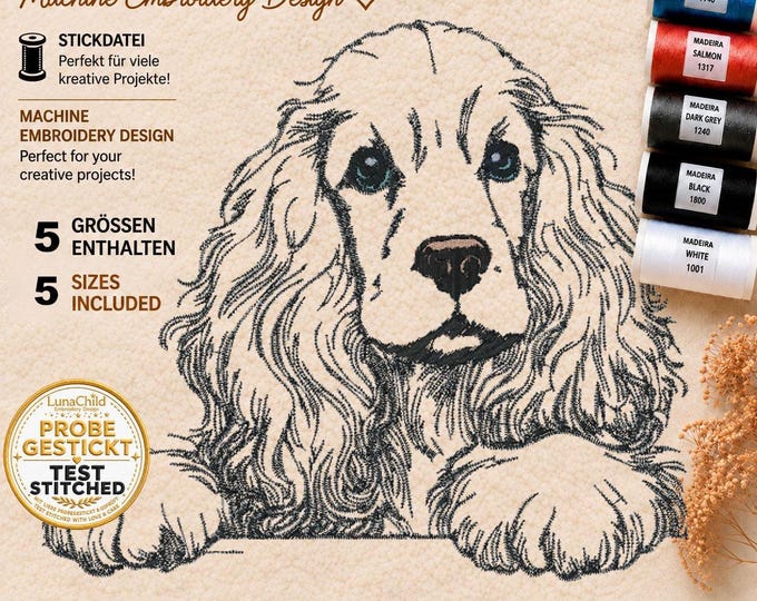 Embroidery File Cocker Spaniel “Johann” | Realistic Spaniel Puppy Dog Design for Light Fabrics | 5 Sizes | LunaChild