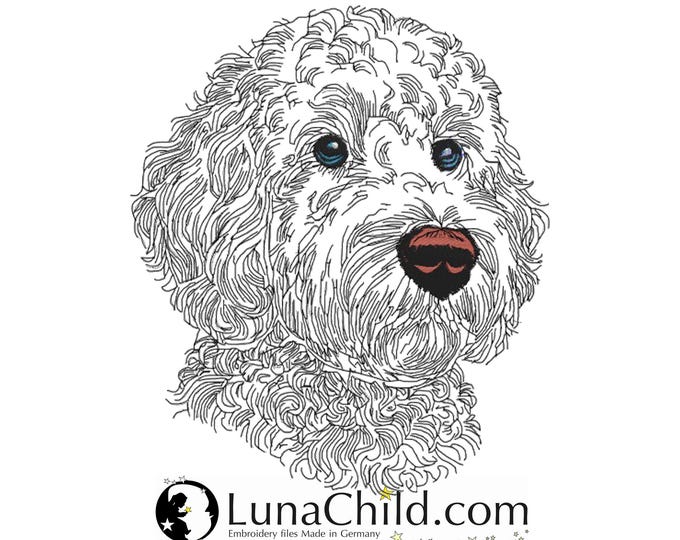 WENIGER STICHE - Stickdatei Golden Doodle "Chooper" LIGHT - für helle Stoffe -  Hund  - 10 Größen - Dog Embroidery - 10 sizes - LunaChild