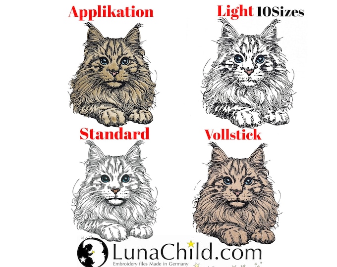 Stickdatei Set Applikation - Vollstick - Light - Standart  - Katze Maine Coon "Ida" - für helle & dunkle Stoffe - 8 bzw 10 Größen LunaChild