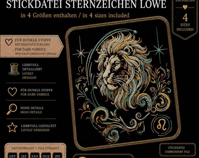 Leo Zodiac Embroidery Design • Astrology Embroidery Pattern • Mystical Lion Machine Embroidery File • 4 Sizes • LunaChild