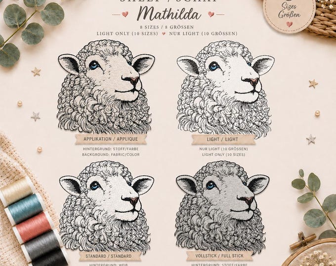Stickdatei Schaf „Mathilda“ Set – Sheep Embroidery Design – Applikation, Vollstick, Standard & Light – 8–10 Größen – LunaChild