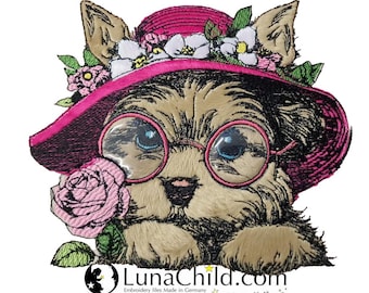 Stickdatei - Applikation - Yorkshire Terrier mit Hut "Elisa" - für helle & dunkle Stoffe - Hund - LunaChild