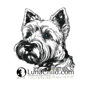 May include: Black and white line drawing of a Yorkshire Terrier dog's head. The dog has blue eyes and is looking directly at the viewer. The image is from LunaChild.com, a website that sells embroidery files.