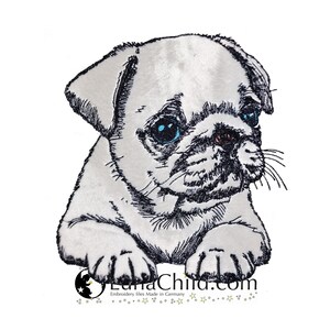 May include: A black and white line drawing of a white pug puppy with blue eyes. The puppy is lying down with its head turned to the side and its paws are visible. The image is on a white background.