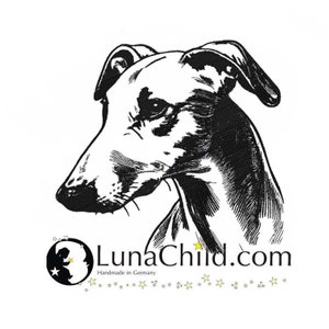 May include: A black and white ink-style illustration of a greyhound dog head in profile. Below the dog is the text LunaChild.com, the phrase Handmade in Germany, and a series of small yellow stars surrounding a circular logo with a silhouette.