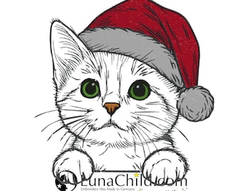 Embroidery design cat "Sweetie" – Cute kitten with a Christmas hat – For light-colored fabrics – 8 sizes included – LunaChild