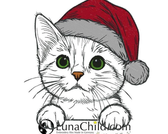 Stickdatei Katze "Sweetie" – Niedliches Kätzchen mit Weihnachtsmütze – Für helle Stoffe – 8 Größen enthalten – LunaChild
