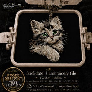 May include: An embroidery design of a fluffy kitten with green eyes and brown and white fur, secured in a square embroidery hoop. The text reads LunaChild.com, Stickdatei | Embroidery File, 8 Größen | 8 Sizes, Formate | Formats: DST JEF XXX HUS JPX EXP VIP PES VP3, Sofort-Download | Instant Download.