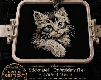 Kitten Embroidery Design “Meggan” – Realistic Cat Machine Embroidery File – 8 Sizes – Black Fabric – LunaChild
