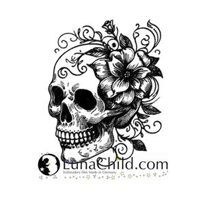 May include: Black and white illustration of a skull with a large flower on top. The skull is surrounded by intricate floral designs. The text "LunaChild.com" is at the bottom of the image.