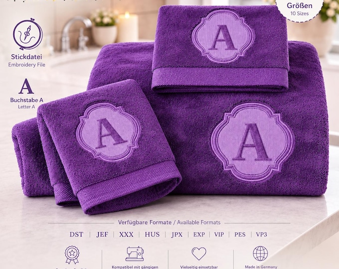 Embossed Embroidery File Letter „A“ • Monogram Towel Design • Bath Font 10 Sizes • LunaChild