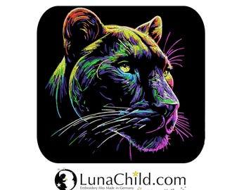 Neu AUFWENDIGE Stickdatei Panter "Paladin" realistisch Neon Farben kommerzielle Nutzung LunaChild für dunkle Stoffe
